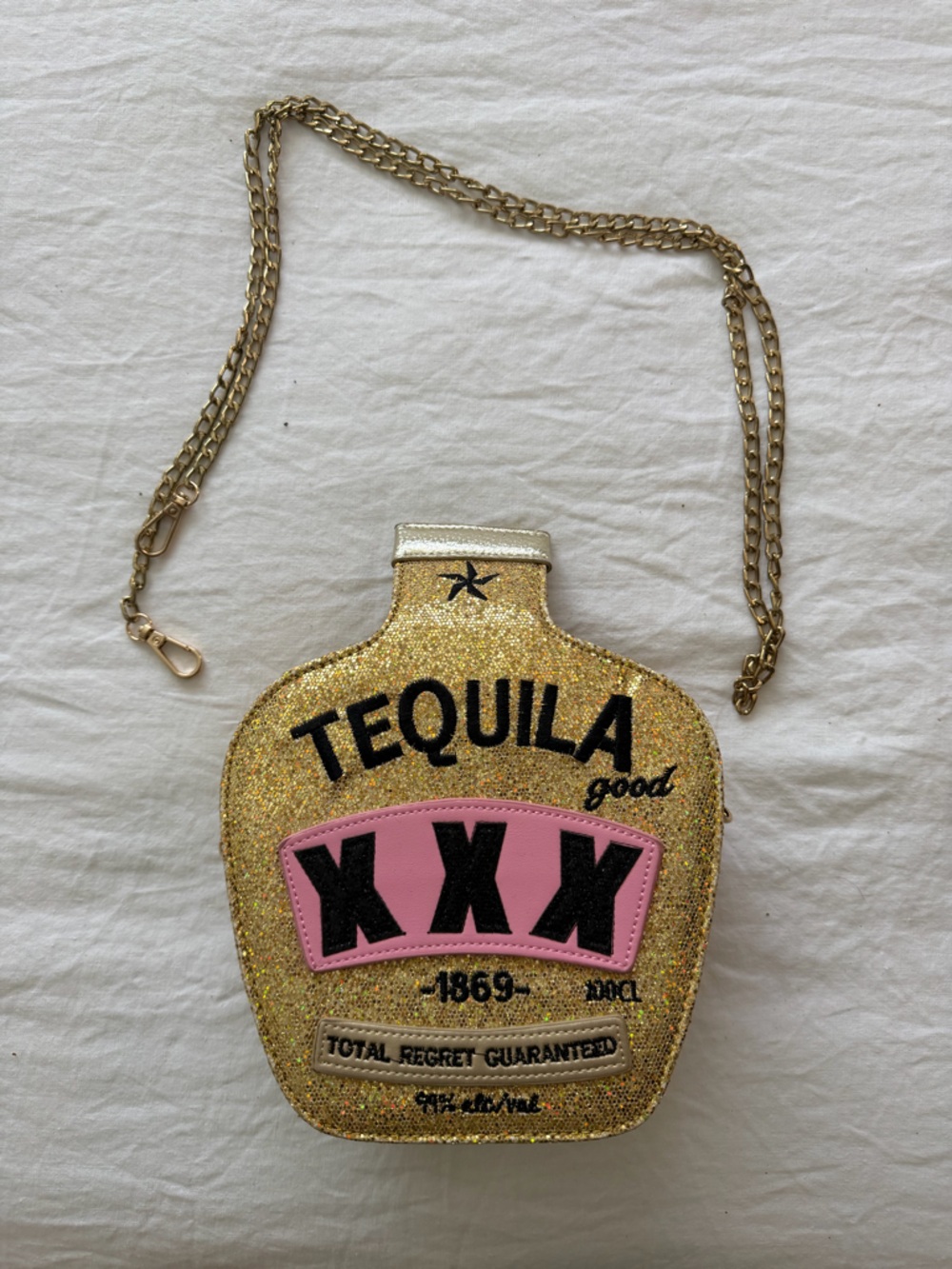 Glitter Gold Tequila Bottle Crossbody Bag with Pink Accent